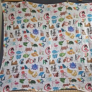 LollyBanks Animal Alphabet Muslin Swaddle Blanket White Cotton 40" Square